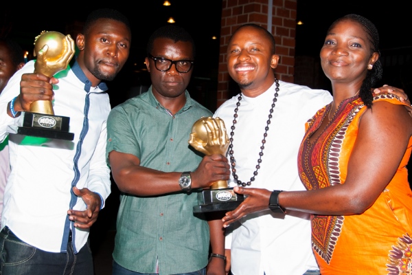 Zambian artists BFlow, Njoya Tee, Abel Chungu and Maureen Lilanda celebrate the launch of the 2016 Zambian Music Awards.