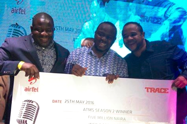 Ezehike Ehiedu, middle, has emerged winner of the second season of the Airtel Trace Music Star for Nigeria