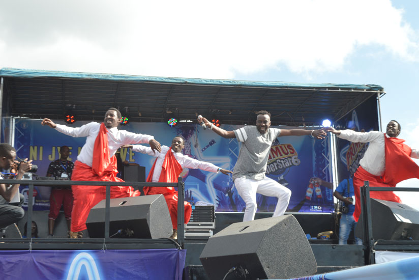 Jules Sentore and his troupe perform at the PGSS outreach in Gicumbi. Photo:www.newtimes.co.rw