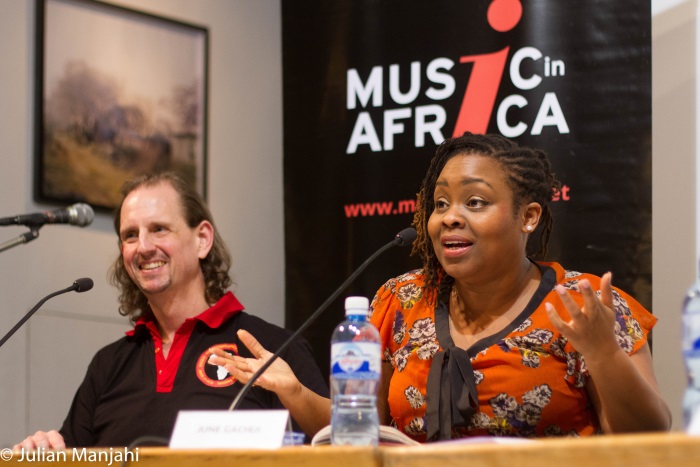 Mike Strano and June Gachui discuss Kenya's music industry. Photo: Julian Manjahi