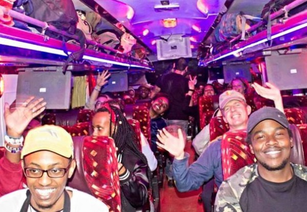 Bus trip to Nyege Nyege Festival in Uganda, 2016. The festival was awarded the travel grant. Photo: Mama Rocks