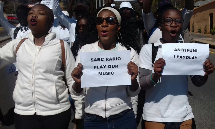 Musicians call for an end to payola practices in Johannesburg, South Africa, on Tuesday.