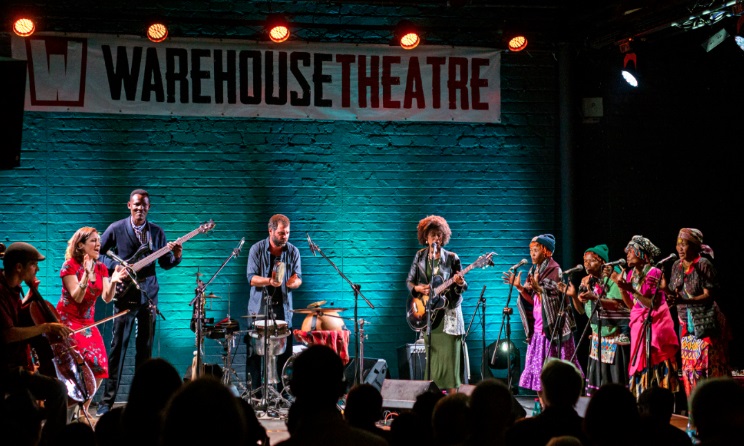 Shishani & the Namibian Tales performing the Kalahari Encounters album launch together with singers from the Ju/'hoansi San community at the Warehouse Theatre in Windhoek.
