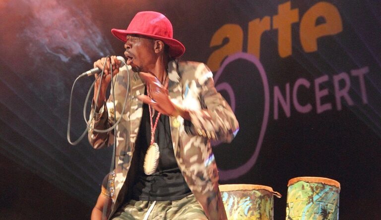 Jupiter Bokondji pendant un concert au Rudolstadt-Festival (Allemagne, 2017) (Photo) : Wikipedia.