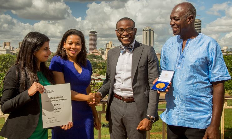 Judges of the 2017 Africa Prize for Engineering Innovation pose with winner Godwin Benson, second from right. Photo: RAENG