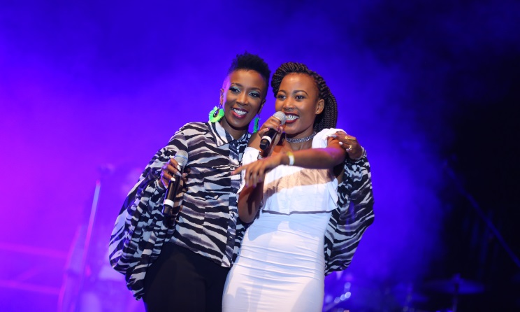 Kenyan popstar Wahu on stage with Meru newbie Emma Kaim.