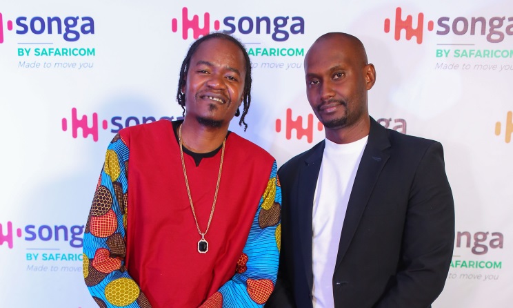 Rapper Jua Cali with producer Eric Musyoka during the launch of Safaricom's Songa app earlier this year.