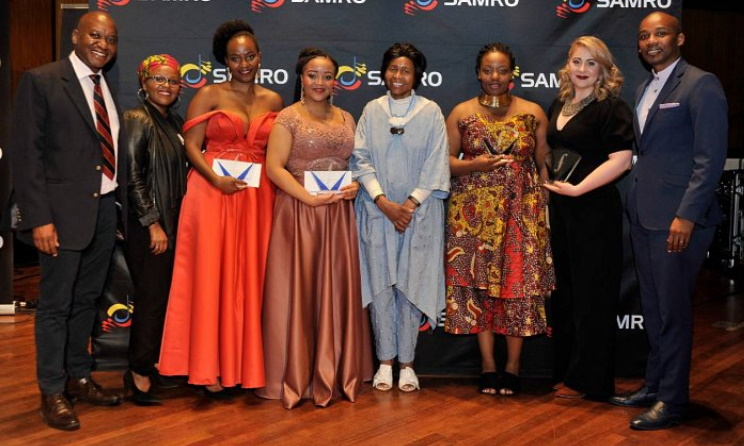 SAMRO Foundation chairperson Kutlwano Masote, SAMRO Foundation vice-chairperson Nomfundo Xaluva, Thembinkosi Magagula, Palesa Malieloa, Mokgadi Nteta, Kearopetse Kolwane, Daniëlla Hart and SAMRO chairperson Nicholas Maweni.