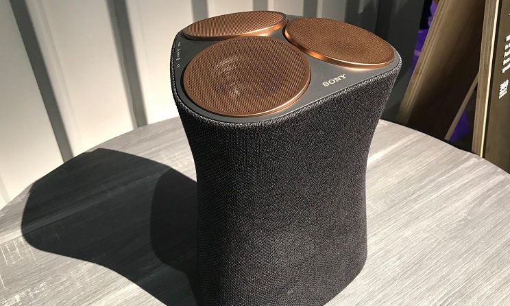 A reference prototype 360 Reality Audio speaker used at the 2019 Consumer Electronics Show in Las Vegas.