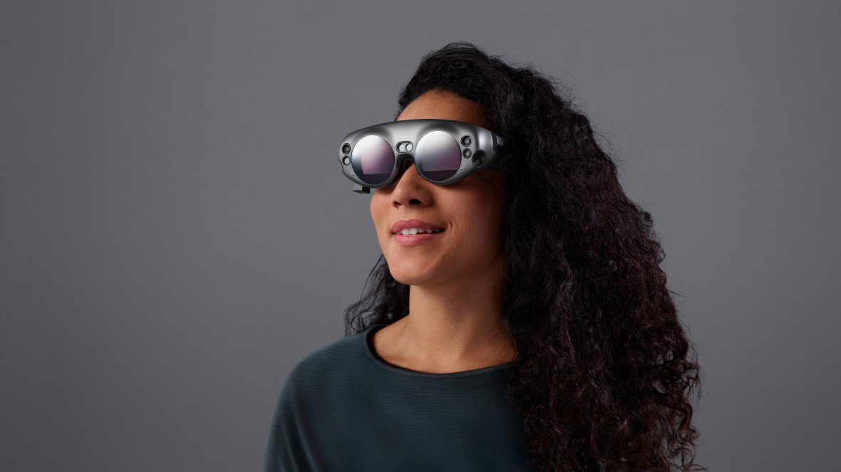 A user wearing the Magic Leap headset.