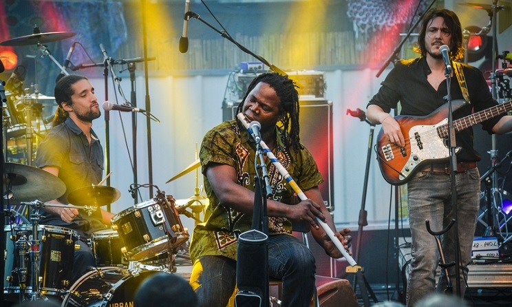Burkinabe musician Simon Winse playing the tambin.