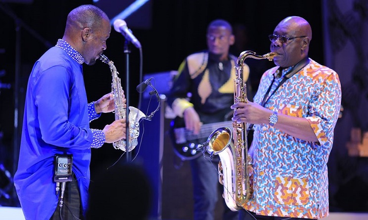 Isaiah Katumwa and Manu Dibango playing together in Kampala, Uganda.