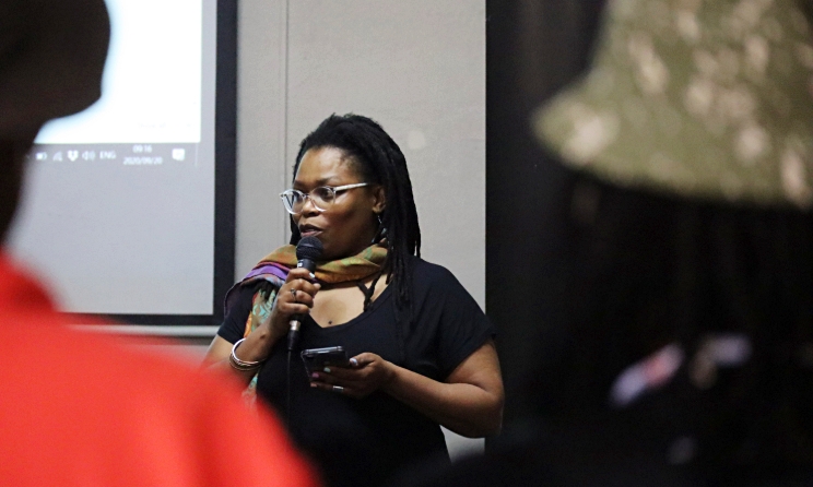 Music In Africa Foundation Projects Manager Violet Maila during the 2020 Instrument Building and Repair (IBR) workshop near Johannesburg, South Africa. IBR is one of the many offline projects that the Foundation implements to support music professionals in Africa.