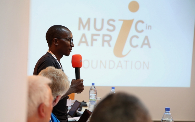 Music In Africa Foundation board member Faisal Kiwewa speaking at the organisation’s annual general meeting in Dakar, Senegal, in 2017. Kiwewa is the founder of the Bayimba Cultural Foundation in Uganda. Photo: Stephanie Nikolaidis