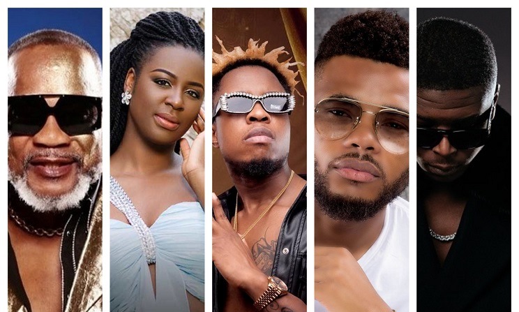 Koffi Olomidé, Charlotte Dipanda, Gaz Fabilouss, Majoos et Ninho. (Photomontage).