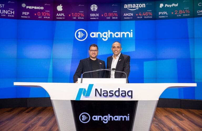 Anghami co-founders Eddy Maroun and Elie Habib ringing the Nasdaq’s opening bell last week.