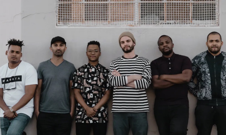 Shane Cooper (striped shirt) with his Mabuta band members. Photo: Aidan Tobias