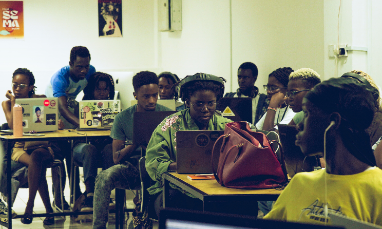 Students attending learning session at the Santuri Electronic Music Academy in Nairobi, Kenya.