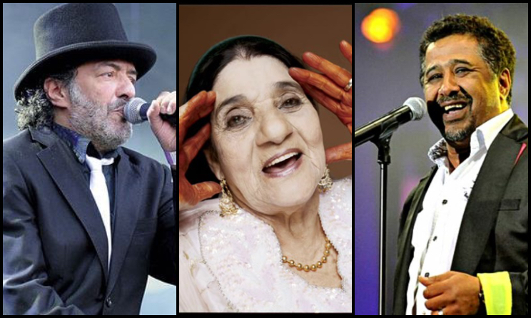 (Photo) : les artistes algériens Rachid Taha, Cheikha Rimitti et Khaled.