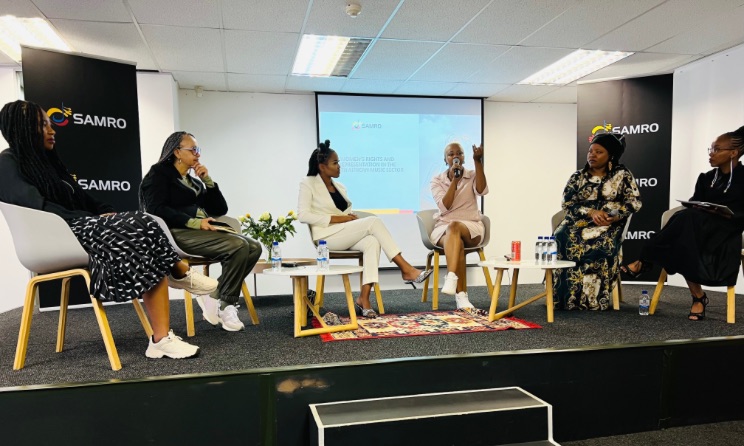 Industry professionals Tumi Mogapi, Shireen Motara, Berita, Hloni Modise, Nandipha Mnyani and Boitumelo Motsoatsoe spoke at the launch of the SAMRO report.