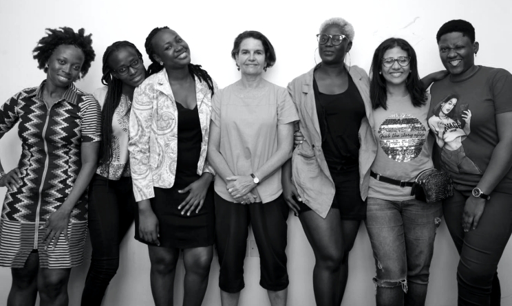 Gender@Work facilitator Carine Tredgold (middle) and her trainees pose for a photograph ahead of the 2019 ACCES music conference in Accra, Ghana.