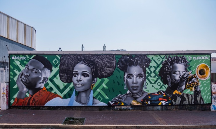 The new mural in Maboneng, Johannesburg, depicts Bongeziwe Mabandla, Simphiwe Dana, Nobuhle and Mandisi Dyantyis.