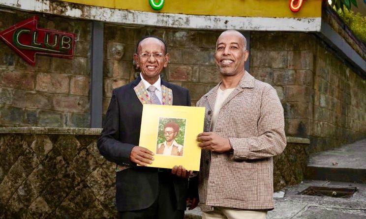 Dawit Yifru and Muzikawi founder Teshome Wondimu during the album reissue at the African Jazz Village in Addis Ababa, Ethiopia, on 24 March.