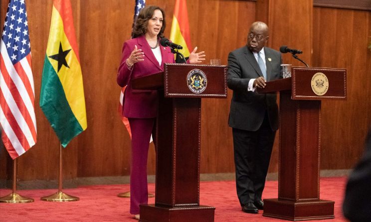 US Vice-President Kamala Harris with Ghanaian President Nana Akufo-Addo during Harris’ visit to the Ghanaian capital Accra on 27 March 2023.