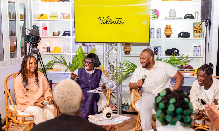 Surf Ghana founder Sandy Alibo, Spotify head of music for sub-Saharan Africa Phiona Okumu, Spotify global head of artist and audience partnerships Joe Hadley and local creative at Vibrate Space in Accra, Ghana, on 27 March 2023.