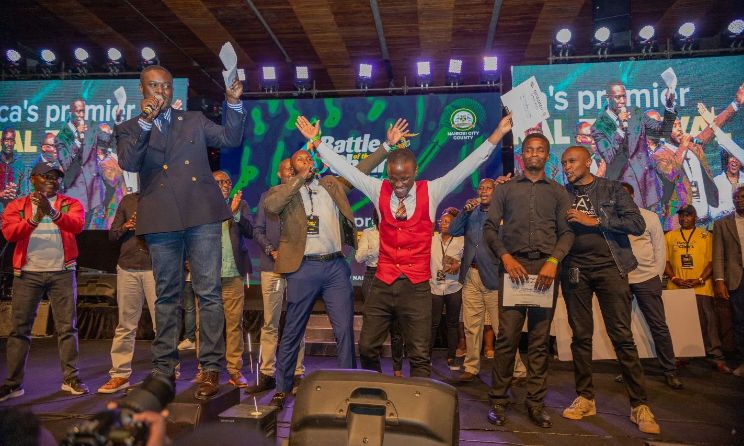 Nairobi governor Johnson Sakaja announces the winner of the Battle of the Choirs at the Kenyatta International Convention Centre on 10 April.