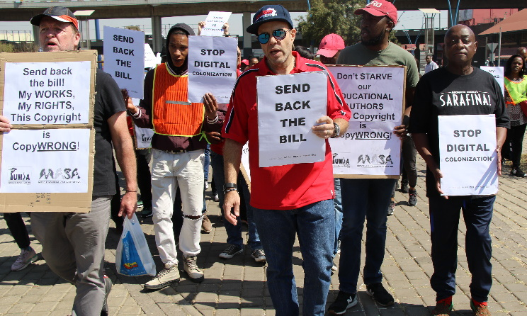 Protesters, led by Gabi Le Roux and David Alexander, marching against the Copyright Amendment Bill in Johannesburg, South Africa, in 2019. Photo: Music In Africa