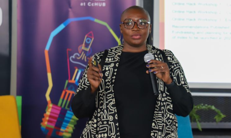 Creative Economy Practice at CcHUB managing partner Ojoma Ochai speaking during the launch of CVIA in Nairobi, Kenya, on 27 April.