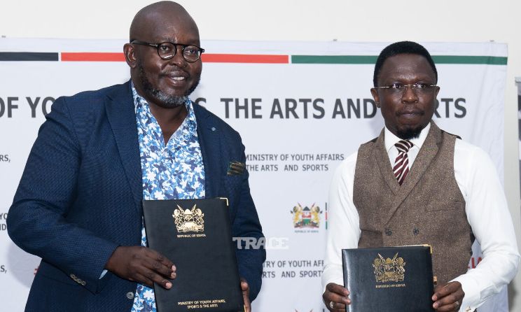 Trace East Africa managing director Danny Mucira with cabinet secretary for Youth Affairs, Arts and Sports Ababu Namwamba during the signing of the MoU in Nairobi, Kenya, on 19 April.