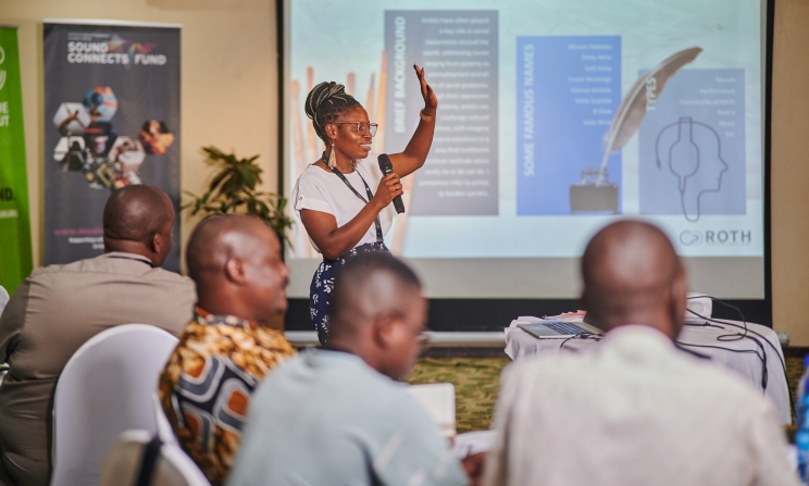 A beneficiary speaking during a Sound Connects Fund capacity-building workshop. Photo: Music In Africa