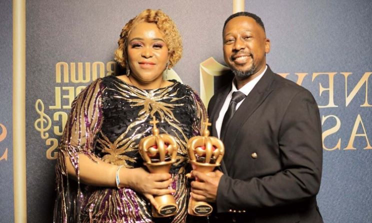 Gospel singer Swazi Dlamini and fellow musician husband Tshepo Mngoma posing with the former’s trophies at the 2023 Crown Gospel Awards in Johannesburg, South Africa. Photo: Instagram