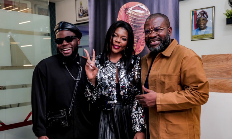 Cameroonian musician KO-C, Burkina Faso’s Miss Tanya and AFRIMAs president Mike Dada at AFRIMAs’ secretariat in Lagos, Nigeria.