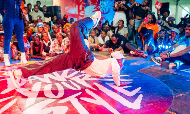 Michael ‘Mickey’ Mwenda in action at the fist qualifier of the Kenya edition of Red Bull Dance Your Style in Eldoret on 13 April 2024.