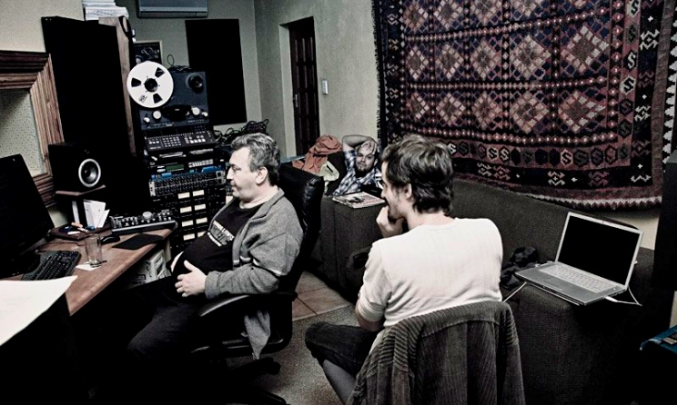 John Paul De Stefani (left) during a studio session with members from electro trio Bittereinder. Photo: Bittereinder/Facebook