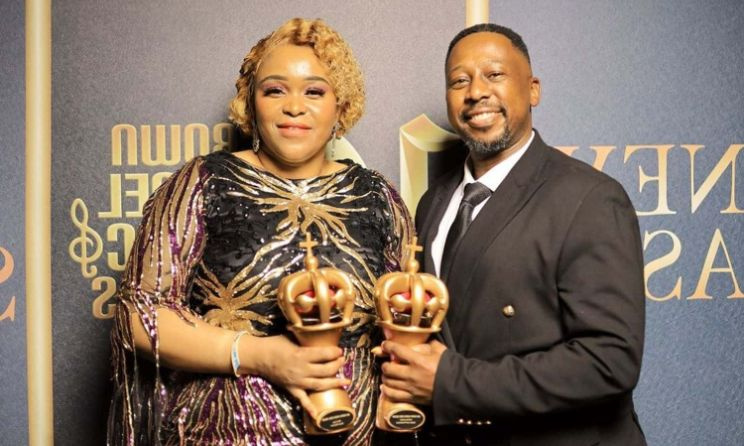 South gospel singer Swazi Dlamini and fellow musician husband Tshepo Mngoma posing with the former’s trophies at the Crown Gospel Awards 2023 in Johannesburg. Photo: Instagram