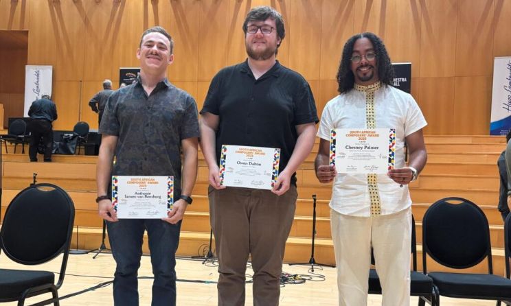 Owen Dalton (centre) is congratulated by chairman of the jury Hendryk Hofmeyr, with runners up Chesney Palmer (right) and Anthonie Jansen can Rensburg (right).