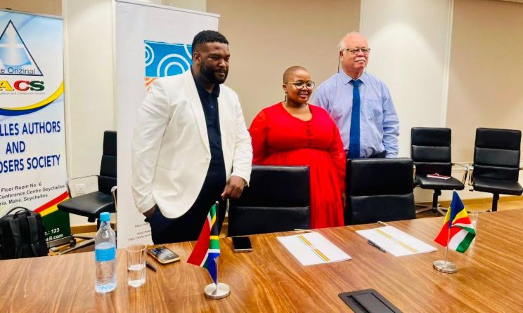 The agreement aims to enhance collaboration between musicians and industry stakeholders from South Africa and Seychelles. In the photo: Moshito board chairperson Stanley Khoza, general manager Sinamandla Kwepile and SNICHA secretary general David Andre.