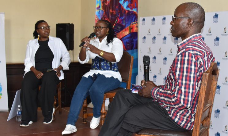 Film producer and director Rumbi Katedza, musician and lecturer Tina Watyoka, and university lecturer Dr Richard Muranda during a panel discussion at the ZIMU Gender at Work Conference.