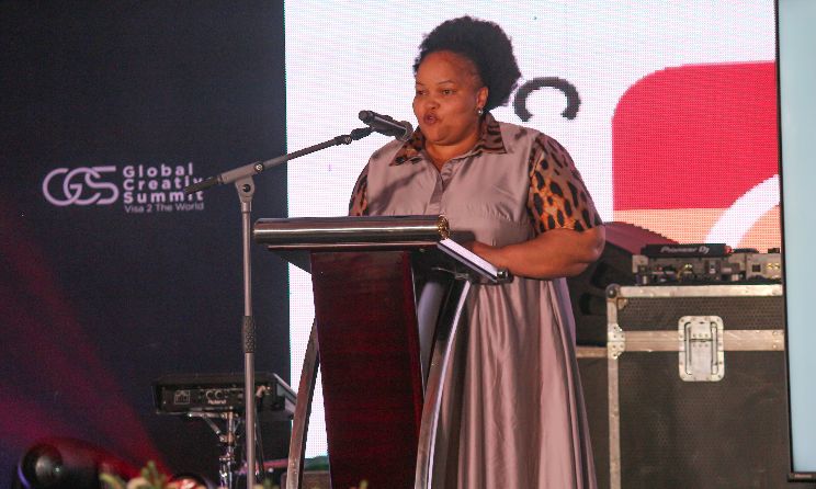 Deputy Minister of Sport, Arts and Culture Peace Mabe speaking at the event.
